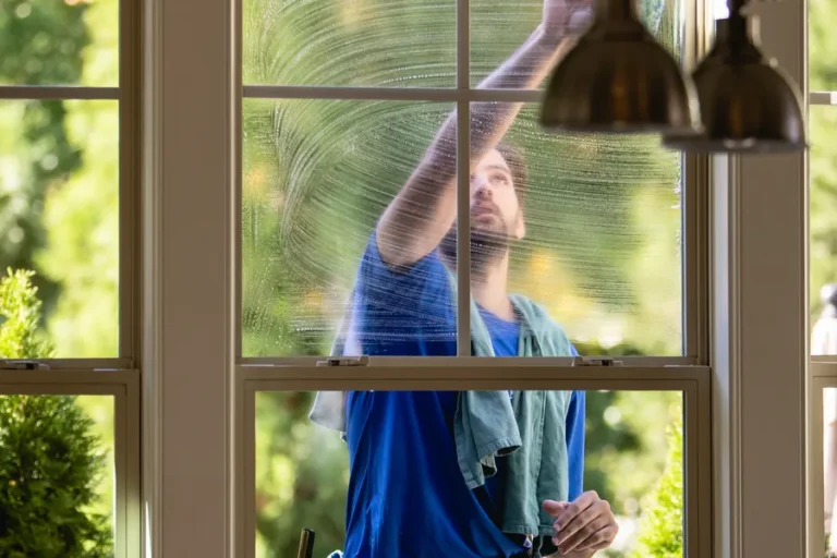 Brightview technician cleaning a tall window from inside a home